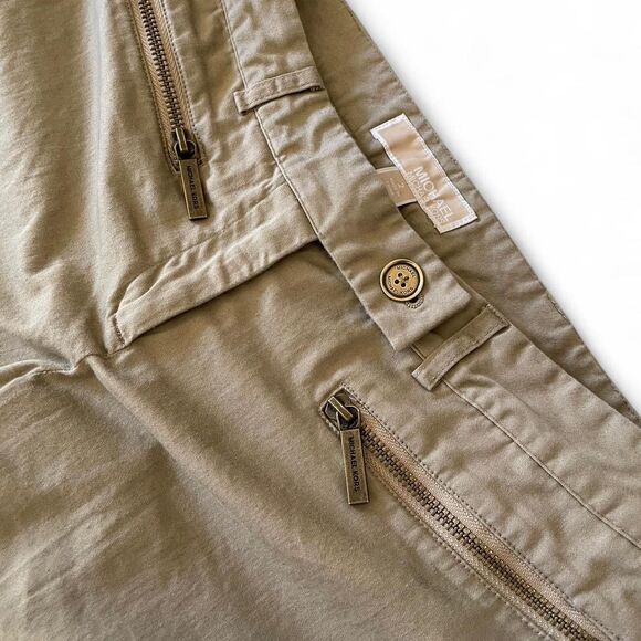 Tan khaki low-rise straight-leg Michael Kors trousers with a front zippers - Picture 2 of 3